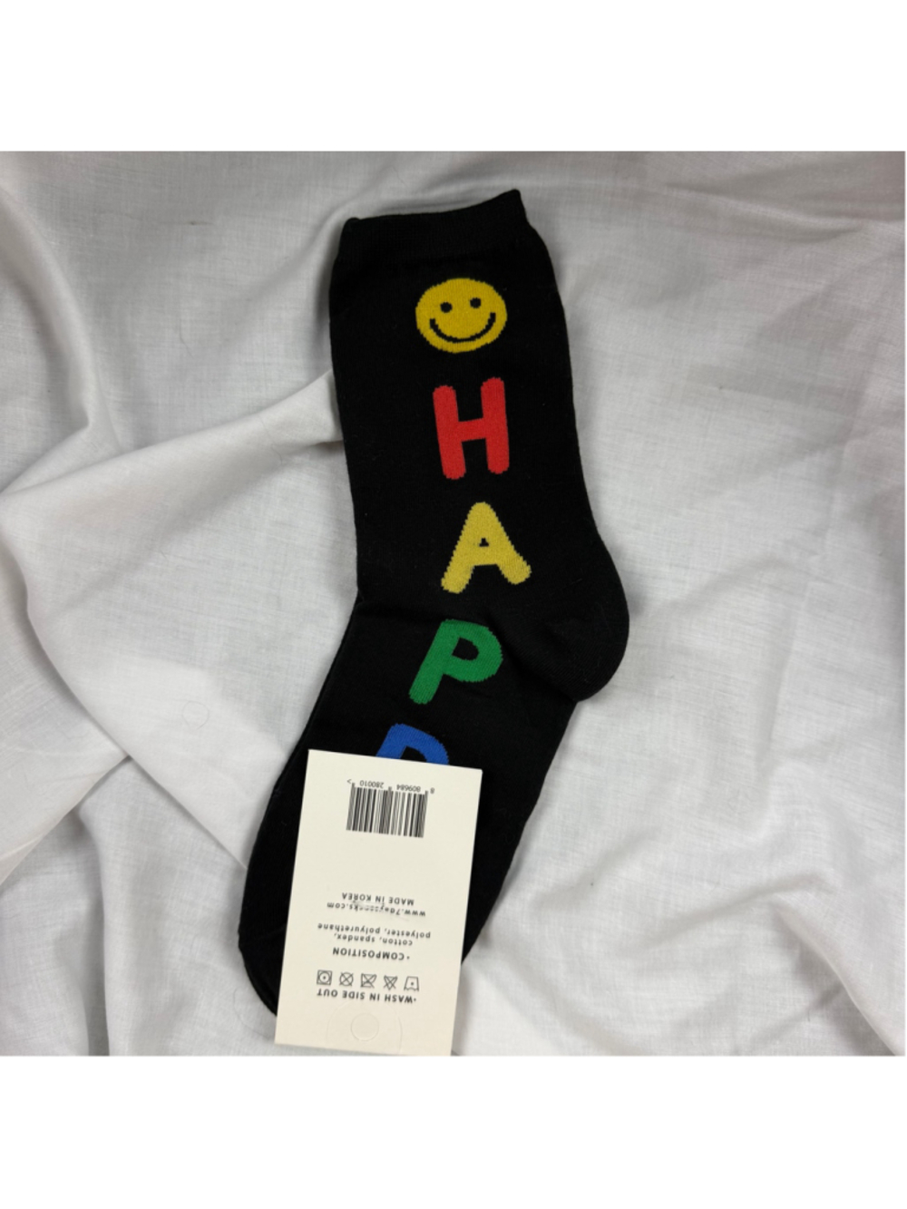 7DAYS SOCKS Happy Smiley Face Crew Socks Black Colorful Block Lettering NWT